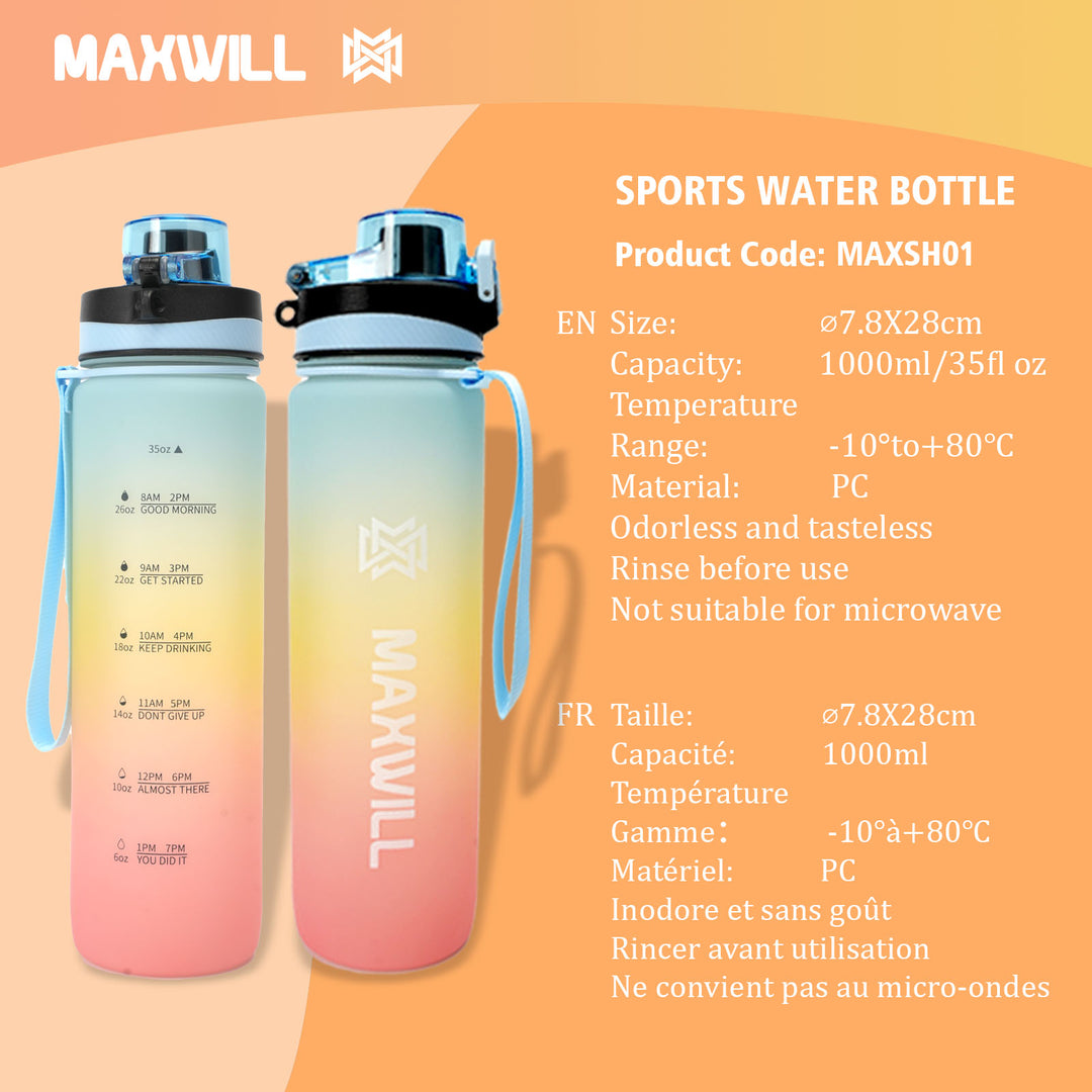 Maxwill 水瓶 35 盎司，耐用防漏水瓶，带时间标记，Tritan，不含 BPA，宽口，带易清洁刷，适用于健身房、旅行、家庭、学校、办公室（1 瓶） 