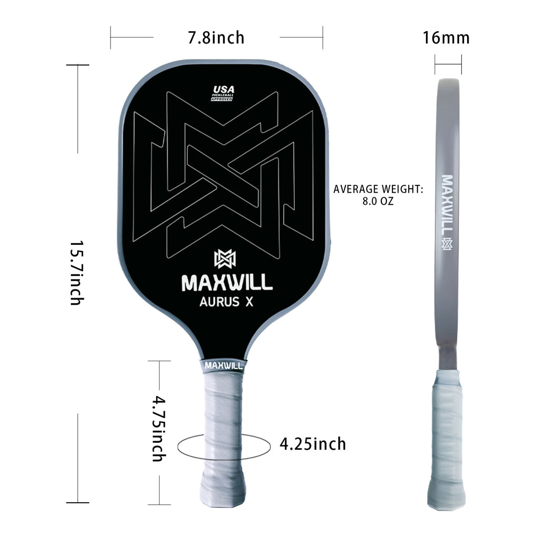 Maxwill Aurus X Pickleball Paddle - High Performance Paddle for Advanced Players | Lightweight 8.0oz, Fiberglass Surface, Honeycomb Core | Ergonomic Grip,  Black (16mm)