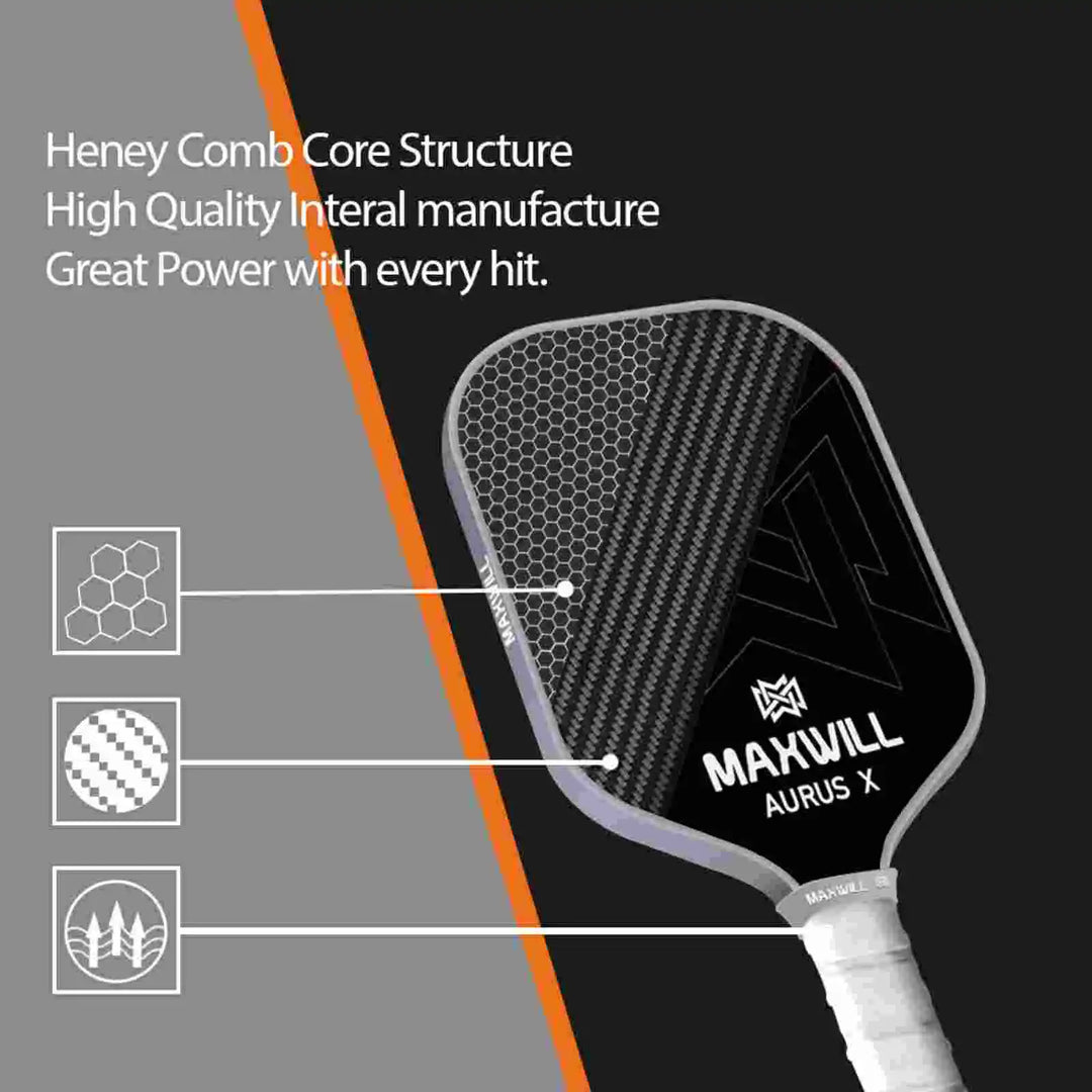 Maxwill Aurus X Pickleball Paddle - High Performance Paddle for Advanced Players | Lightweight 8.0oz, Fiberglass Surface, Honeycomb Core | Ergonomic Grip,  Black (16mm)